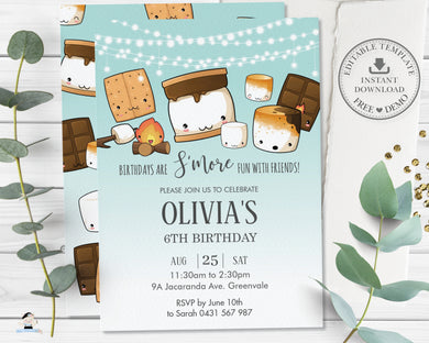 Cute Kawaii S'mores Camping Birthday Invitation Editable Template - Digital Printable File - Instant Download - KW1