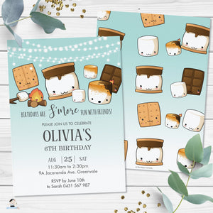 Cute Kawaii S'mores Camping Birthday Invitation Editable Template - Digital Printable File - Instant Download - KW1