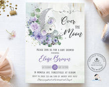 Load image into Gallery viewer, Whimsical Over the Moon Koala Baby Shower Invitation EDITABLE TEMPLATE, Silver Purple Lilac Floral Crescent Girl Invite INSTANT Download AU6