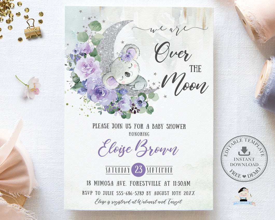 Whimsical Over the Moon Koala Baby Shower Invitation EDITABLE TEMPLATE, Silver Purple Lilac Floral Crescent Girl Invite INSTANT Download AU6