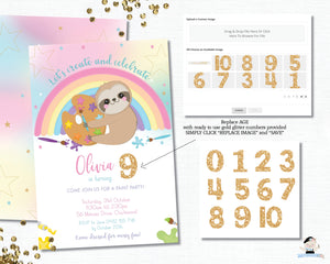 Cute Sloth Art Paint Birthday Party Invitation - Instant EDITABLE TEMPLATE Digital Printable File - SL1