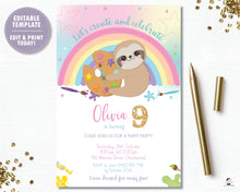 Load image into Gallery viewer, Cute Sloth Art Paint Birthday Party Invitation - Instant EDITABLE TEMPLATE Digital Printable File - SL1