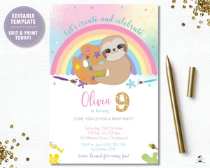 Cute Sloth Art Paint Birthday Party Invitation - Instant EDITABLE TEMPLATE Digital Printable File - SL1