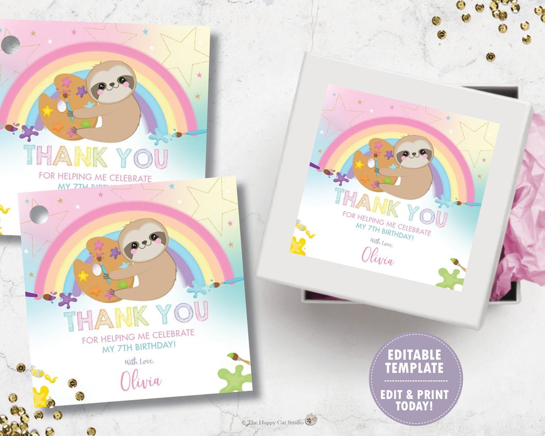Cute Sloth Art Paint Birthday Party Thank You Tags / Sticker Labels - Instant EDITABLE TEMPLATE Digital Printable File - SL1