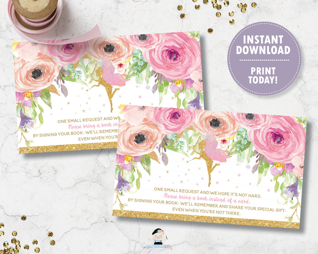 spring-pink-floral-gold-glitter-fairy-bring-a-book-instead-of-a-card-insert-enclosure-insert-digital-printable-file-instant-download-diy-pdf
