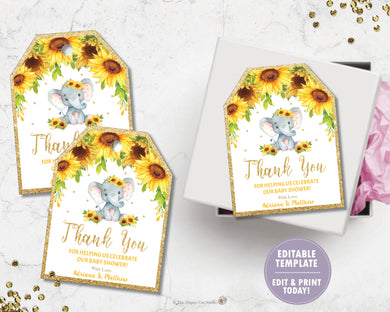 Sunflower Elephant Thank You Favor Tags - EDITABLE TEMPLATE Digital Printable File - INSTANT DOWNLOAD - EP8