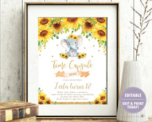 Load image into Gallery viewer, Sunflower Elephant 1st Birthday Time Capsule Sign and Message Card - EDITABLE TEMPLATE Digital Printable File - INSTANT DOWNLOAD - EP8