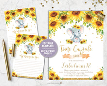 Load image into Gallery viewer, Sunflower Elephant 1st Birthday Time Capsule Sign and Message Card - EDITABLE TEMPLATE Digital Printable File - INSTANT DOWNLOAD - EP8