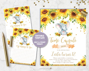 Sunflower Elephant 1st Birthday Time Capsule Sign and Message Card - EDITABLE TEMPLATE Digital Printable File - INSTANT DOWNLOAD - EP8