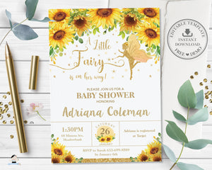 Chic Sunflower Floral Fairy Baby Shower Invitation Editable Template - Digital Printable File - Instant Download FF6