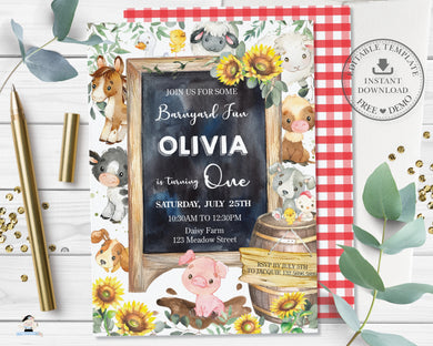 Cute Farm Animals Sunflower Barnyard Birthday Party Invitation Editable Template - Digital Printable File - Instant Download - BY3