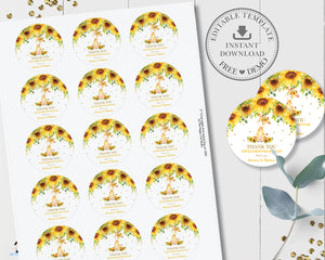 Chic Sunflower Giraffe 2" Circle / Round Labels Editable Template Digital Printable File - Instant Download