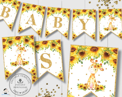 Chic Sunflower Giraffe Bunting Flag Banner Baby Shower Birthday Editable Template - Digital Printable File - Instant Download - GF2