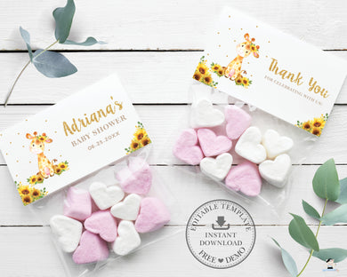 Sunflower Giraffe Loot Lolly Bag Topper Tag Editable Template - Digital Printable File - Instant Download - GF2