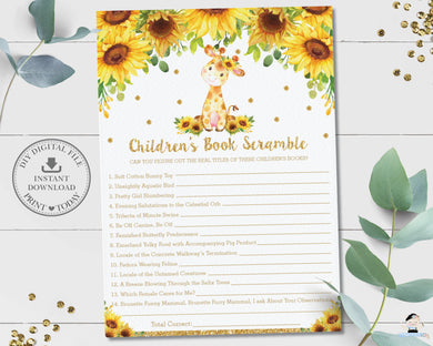 Sunflower Giraffe Children's Book Scramble Baby Shower Game Activity - Digital Printable File - Instant Download - GF2