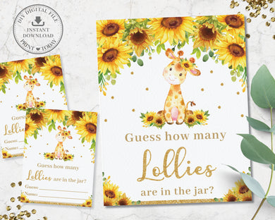 Sunflower Giraffe Guess How Many Lollies are in the Jar Baby Shower Game Activity - Digital Printable File - Instant Download - GF2