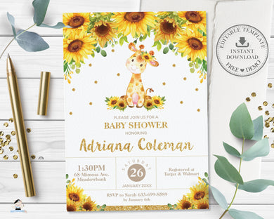 Sunflower Giraffe Baby Shower Invitation Editable Template - Digital Printable File - Instant Download - GF2