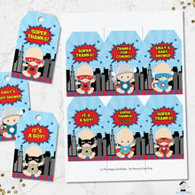 Load image into Gallery viewer, Cute Vibrant Superhero Baby Shower Birthday Favor Tags Editable Template - Instant Download - S1