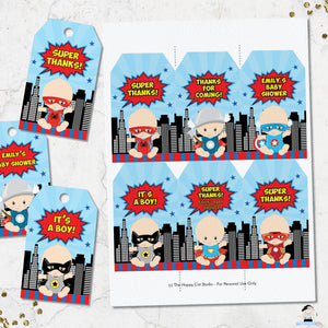 Cute Vibrant Superhero Baby Shower Birthday Favor Tags Editable Template - Instant Download - S1