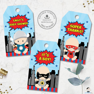 Cute Vibrant Superhero Baby Shower Birthday Favor Tags Editable Template - Instant Download - S1