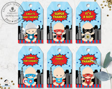 Load image into Gallery viewer, Cute Vibrant Superhero Baby Shower Birthday Favor Tags Editable Template - Instant Download - S1