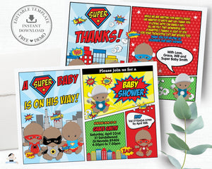 Superhero Baby Boy Shower Invitation and Thank You Note Editable Template - Instant Download - S1