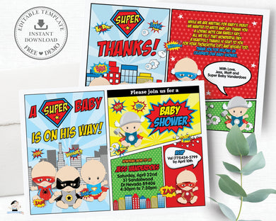 Superhero Baby Shower Boy Invitation and Thank You Note Editable Template - Instant Download - S1