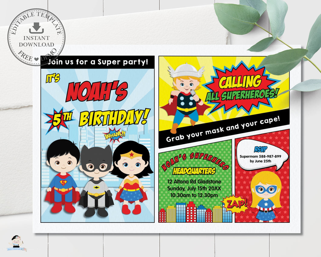 Vibrant Superhero Girls Boys Comic Book Birthday Party Invitation - Editable Template - Instant Download - HP2