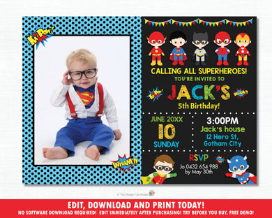 Superhero Birthday Party Photo Invitation - Editable Template - Digital Printable File - Instant Download - HP1