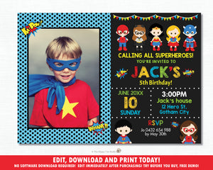 Superhero Boys and Girls Birthday Party Photo Invitation - Editable Template - Digital Printable File - Instant Download - HP1