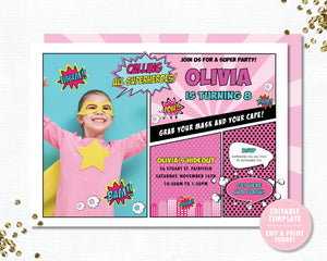 Superhero Pink Birthday Party Invitation with Photo Editable Template - Instant Download - HP3