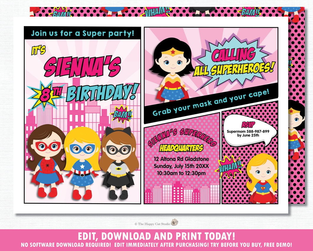 Superhero Girls Pink Birthday Party Invitation Editable Template - Instant Download - HP6