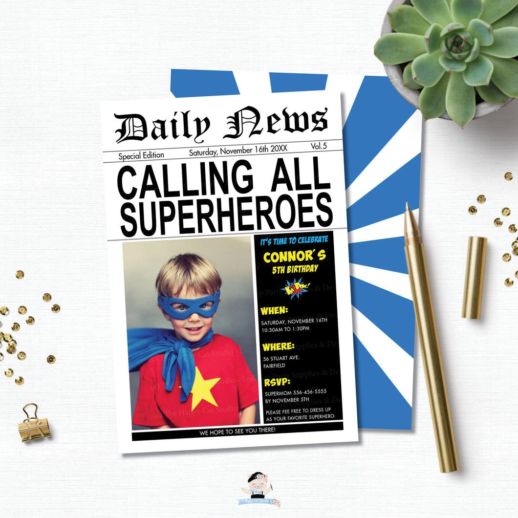 Superhero Birthday Party Invitation with Photo Editable Template - Instant Download - HP2