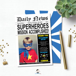 Superhero Birthday Party Thank You Card with Photo Editable Template - Instant Download - HP2