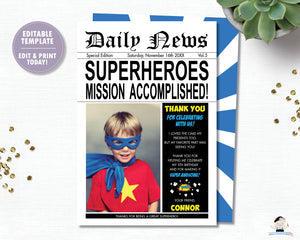 Superhero Birthday Party Thank You Card with Photo Editable Template - Instant Download - HP2
