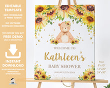 Load image into Gallery viewer, Cute Teddy Bear Sunflower Floral Welcome Sign Baby Shower Birthday Editable Template - Digital Printable File - Instant Download - TB6