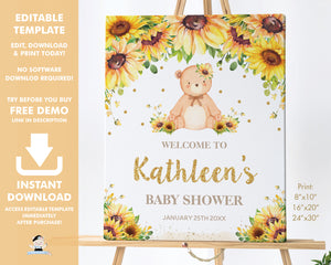 Cute Teddy Bear Sunflower Floral Welcome Sign Baby Shower Birthday Editable Template - Digital Printable File - Instant Download - TB6