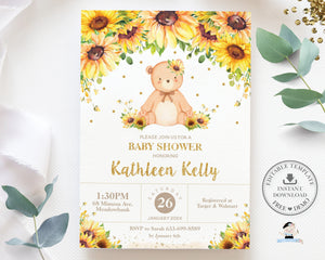 Sweet Teddy Bear Sunflower Floral Baby Shower Invitation Editable Template - Digital Printable File - Instant Download - TB6