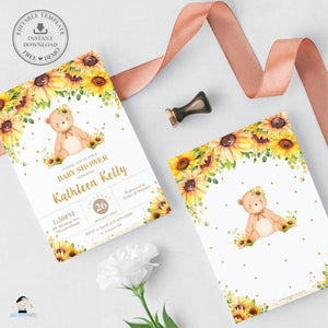 Chic Sunflower Teddy Bear Baby Shower Invitation Bundle Editable Templates - Digital Printable Files - Instant Download - TB6