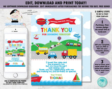 Load image into Gallery viewer, transportation-birthday-party-personalised-thank-you-card-editable-template-digital-printable-file