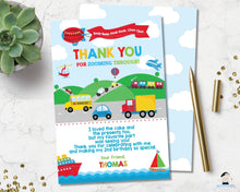 Load image into Gallery viewer, transportation-birthday-party-personalised-thank-you-card-editable-template-digital-printable-file-car-train-trucks-hot-air-balloon-ships-helicopter