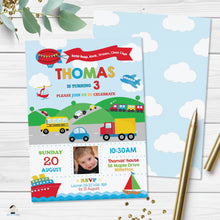 Load image into Gallery viewer, Transportation Birthday Party Invitation - Instant EDITABLE TEMPLATE - TR1