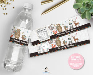 Tribal Woodland Animals Baby Shower Birthday Water Bottle Labels Editable Template - Instant Download - Digital Printable File - WB1