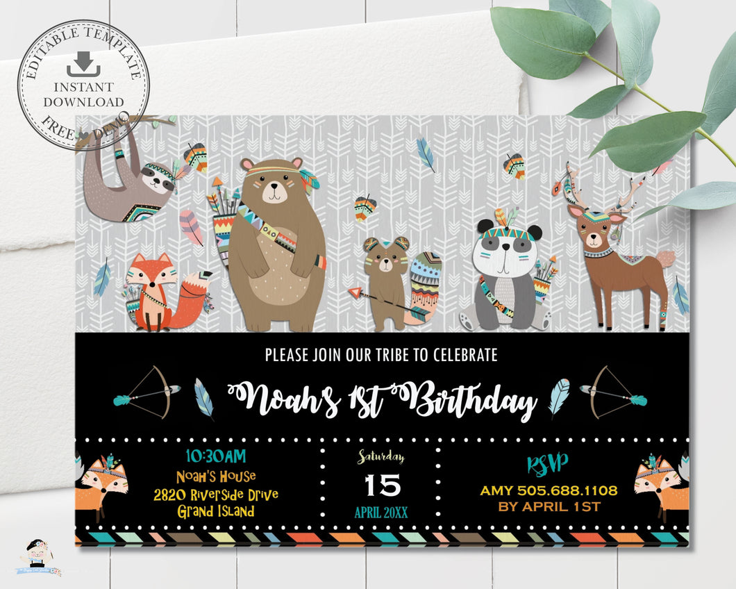 Tribal Woodland Animals Birthday Party Invitation Editable Template - Instant Download - Digital Printable File - WB1