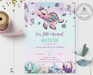 Whimsical Turtle Unicorn Under the Sea Birthday Invitation - Instant EDITABLE TEMPLATE Digital Printable File - MT2