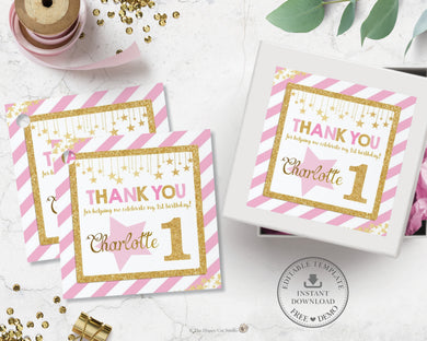 Chic Pink and Gold Twinkle Little Star Birthday Thank You Tags - Editable Template - Digital Printable File - Instant Download - TW1