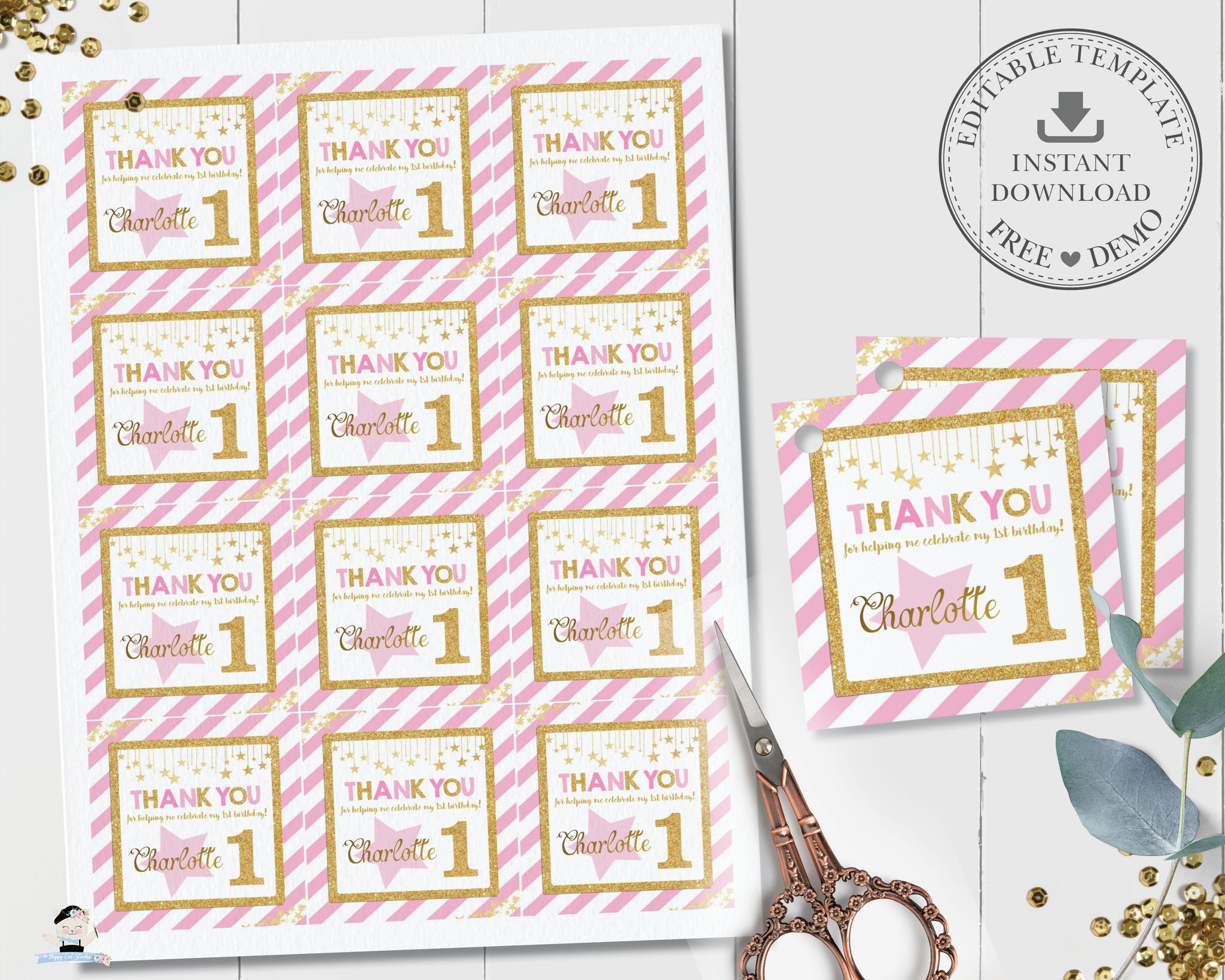 Editable Onederful Favor Tag Thank You Girl First Birthday Party