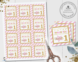 Chic Pink and Gold Twinkle Little Star Birthday Thank You Tags - Editable Template - Digital Printable File - Instant Download - TW1