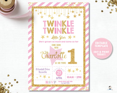 Twinkle Twinkle Little Star Pink and Gold 1st Birthday Party Invitation Editable Template Digital Printable File - Instant Download - TW1