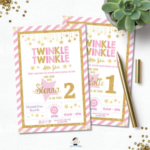 Twinkle Twinkle Little Star Pink and Gold 1st Birthday Party Invitation Editable Template Digital Printable File - Instant Download - TW1